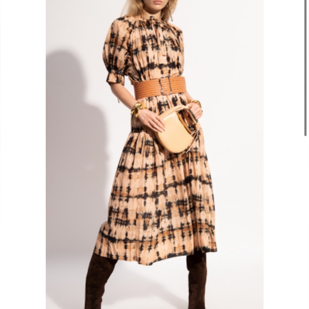 Ulla Johnson Beige and Black Tie-Dye Midi Dress
